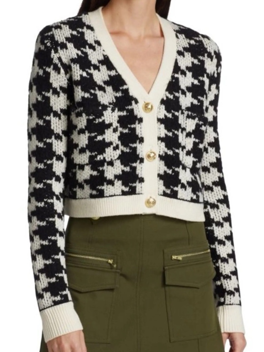 DEREK LAM 10 CROSBY Molly Wool Blend Houndstooth Crop Cardigan Size Small